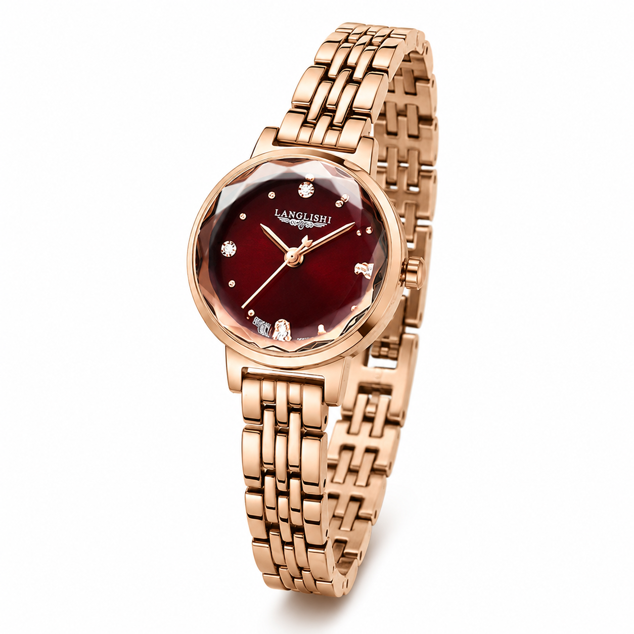 Prisma Rose – bracelet métal rose et cadran bordeaux