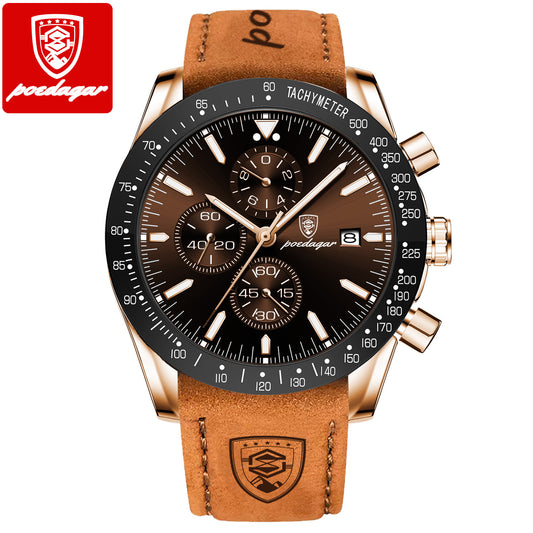 Chronographe Sport homme or rose et brun, bracelet cuir camel