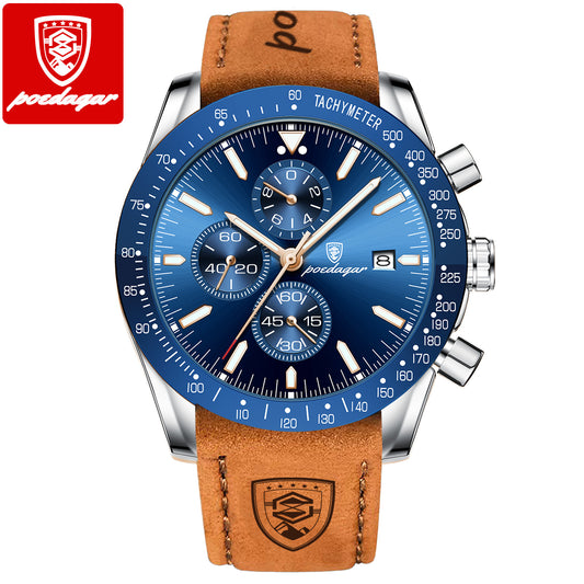 Chronographe Sport homme argent et bleu, bracelet cuir camel