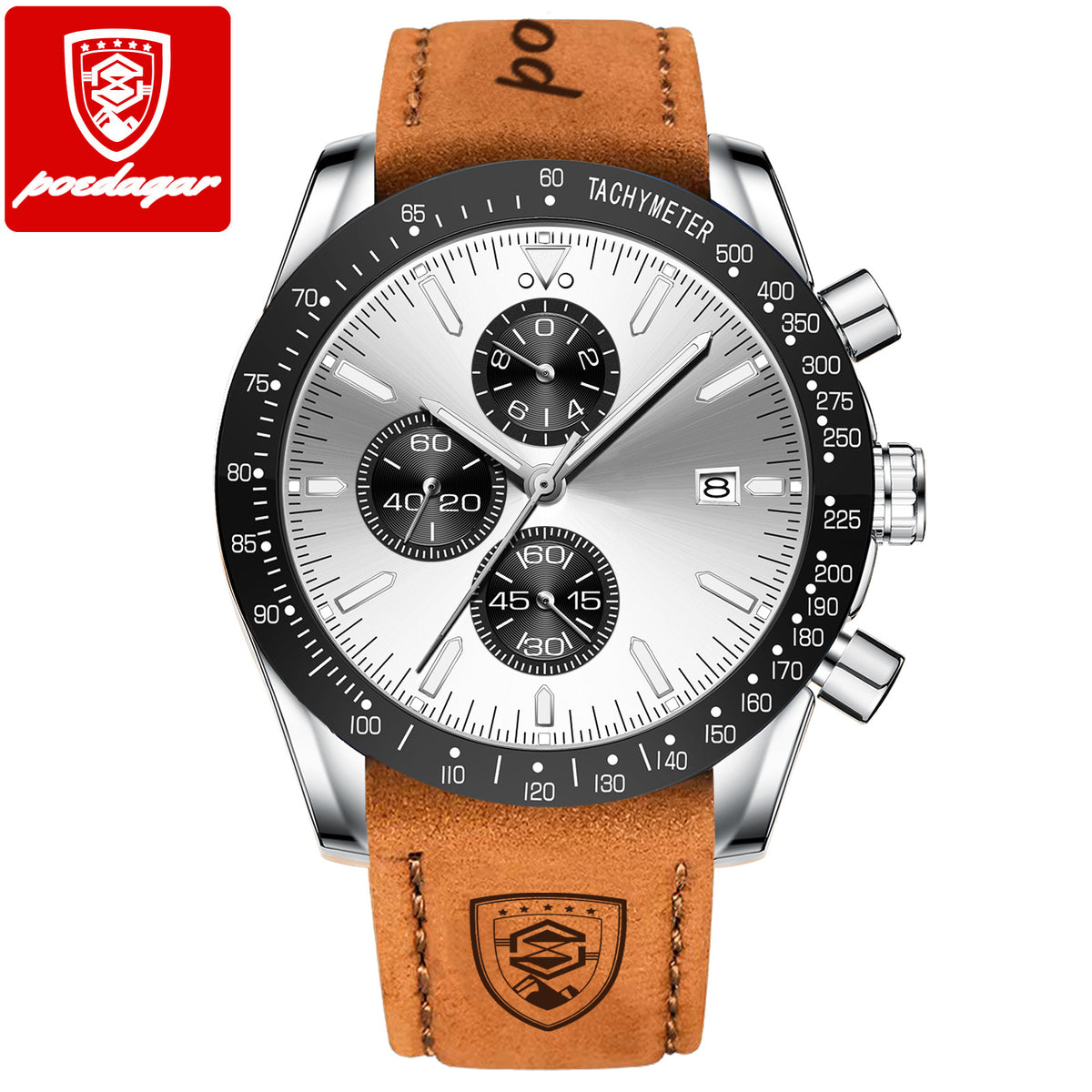 Chronographe Sport homme argent et blanc, bracelet cuir camel