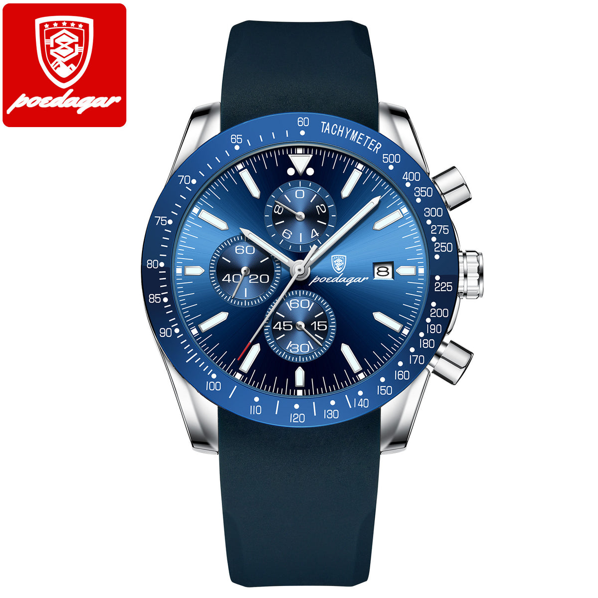 Chronographe Sport homme argent et bleu, bracelet silicone bleu