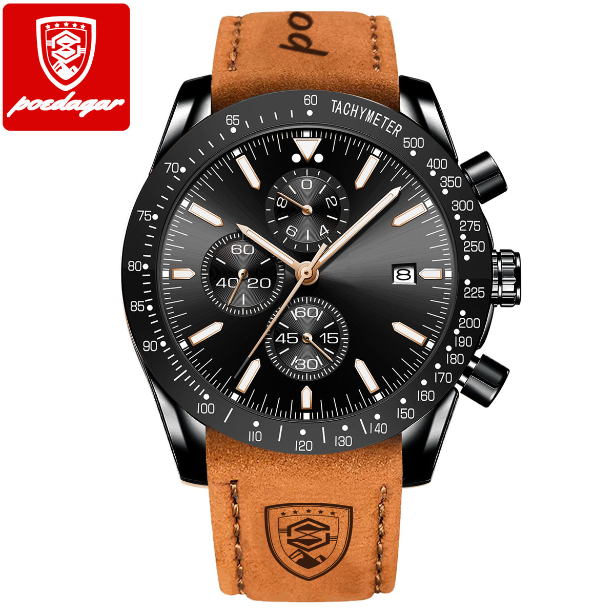 Chronographe Sport homme noir, bracelet cuir camel