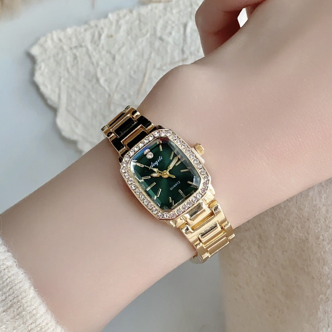 Montre femme Éclat Carré dorée cadran vert