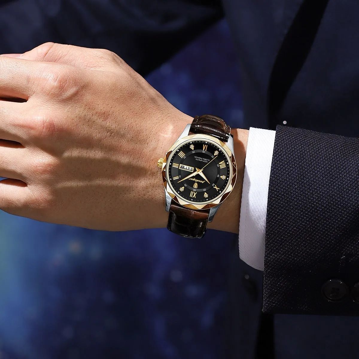 Régence Cuir – Montre Homme Business, Cadran Noir Jour-Date