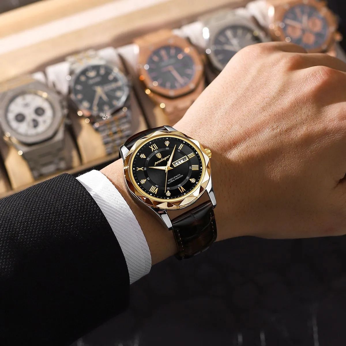 Régence Cuir – Montre Homme Business, Cadran Noir Jour-Date