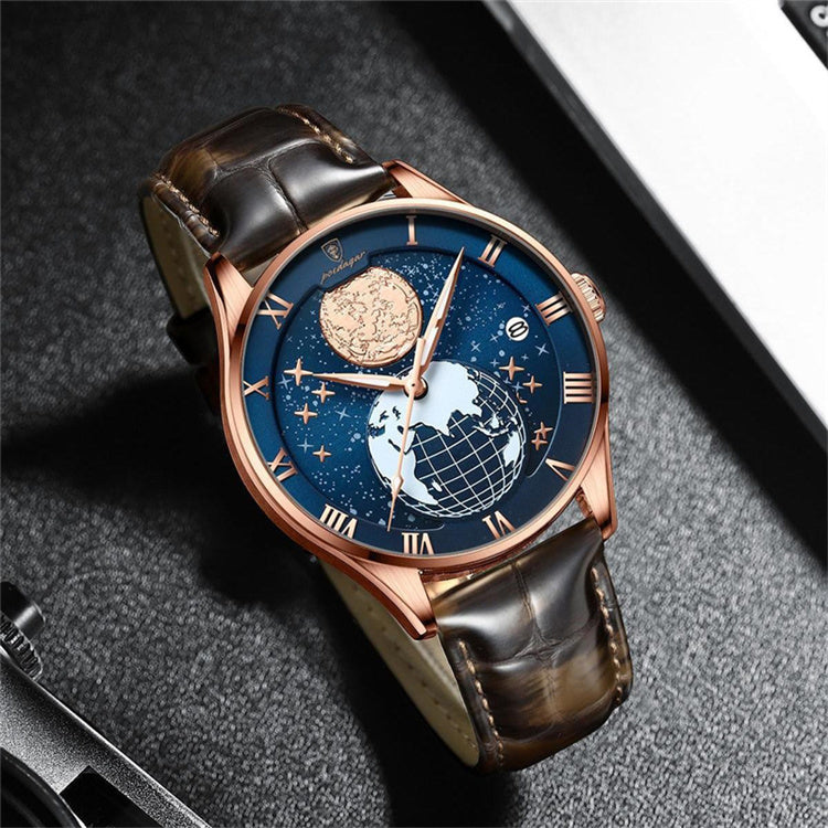 POEDAGAR 803 cadran céleste bleu et bracelet cuir marron