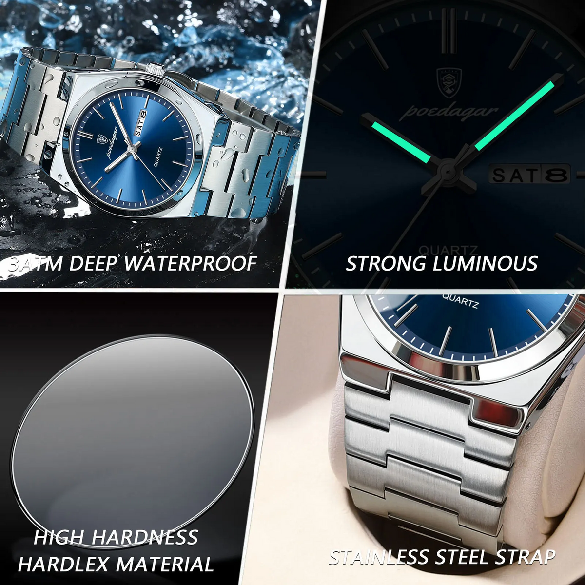 Détails de la montre Élégance Acier : acier lumineux et verre Hardlex