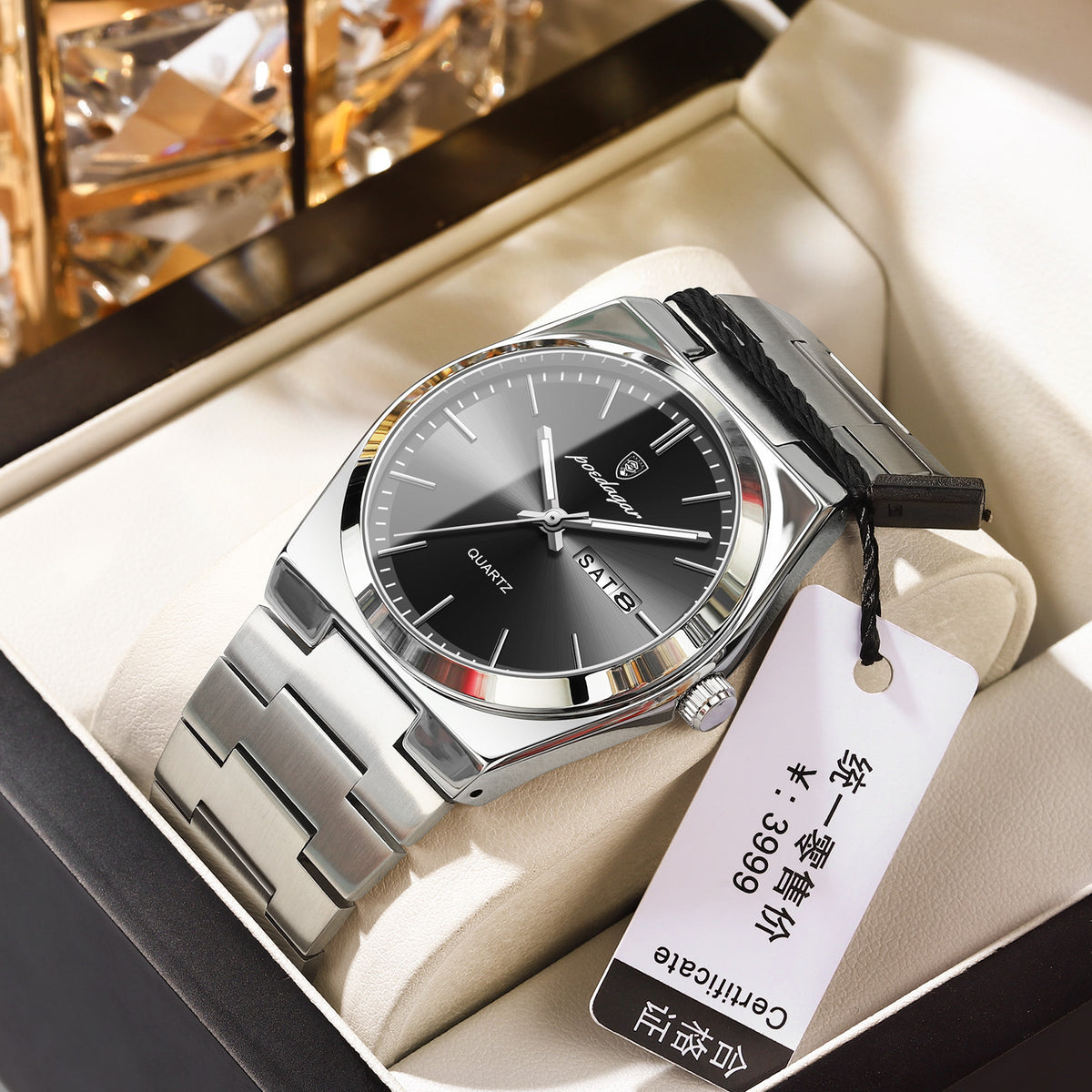 Montre homme Élégance Acier, cadran noir et bracelet acier
