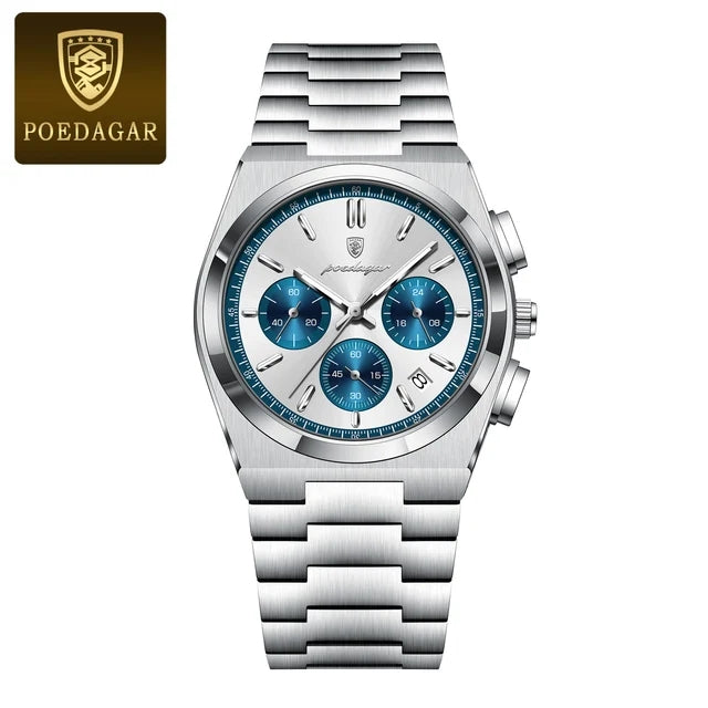 Chronographe Acier, cadran argent à sous-cadrans bleus